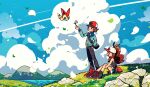  1boy 1girl bag baseball_cap black_pants black_vest blue_jacket brown_eyes brown_hair chueog closed_eyes closed_mouth cloud day flower gen_5_pokemon grass hand_in_pocket hand_up hat high_ponytail highres hilbert_(pokemon) hilda_(pokemon) holding holding_flower jacket leaves_in_wind mythical_pokemon open_mouth outdoors pants pink_bag pokemon pokemon_(creature) pokemon_(game) pokemon_bw red_footwear rock shirt shoes shorts shoulder_bag sidelocks sitting sky smile standing vest victini white_shirt zipper_pull_tab 