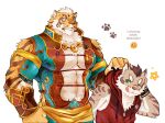  2boys :q abs abs_cutout animal_ears arm_cutout bara bare_pecs beige_fur blue_eyes character_request cleavage_cutout clothing_cutout fluffy furry green_eyes hood hooded_jacket jacket large_pectorals male_cleavage male_focus multiple_boys muscular muscular_male nekojishi orange_fur panther_boy panther_ears red_jacket short_hair shoulder_cutout sleeveless sleeveless_jacket stomach tiger_boy tiger_ears tiger_stripes tongue tongue_out tora_d 