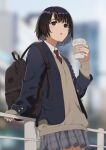  1girl :o backpack bag bangs black_hair blue_jacket blurry blurry_background brown_eyes brown_neckwear brown_sweater coffee_cup collared_shirt cup depth_of_field disposable_cup eyebrows_visible_through_hair grey_skirt hand_up holding holding_cup jacket long_sleeves looking_away mattaku_mousuke necktie open_clothes open_jacket original parted_lips plaid plaid_skirt pleated_skirt railing shirt short_hair skirt sleeves_past_wrists solo sweater twitter_username white_shirt 