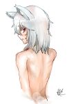  1641_(chfhrtor94) 1girl animal_ear_fluff animal_ears back blush inubashiri_momiji light_blush looking_at_viewer looking_back no_hat no_headwear nude open_mouth red_eyes scar scar_on_arm scar_on_back short_hair signature simple_background solo touhou white_background white_hair wolf_ears 