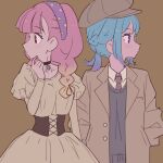  2girls aikatsu!_(series) aikatsu_friends! bangs black_choker black_sweater blue_bow blue_hair blunt_bangs blush bow braid brown_background brown_corset brown_eyes brown_headwear brown_jacket brown_neckwear cabbie_hat choker collarbone collared_jacket collared_shirt dress eyebrows_visible_through_hair flat_color french_braid gradient_hair hair_over_shoulder hairband hand_up hands_in_pockets hat highres jacket kaoryu-kun limited_palette long_hair long_sleeves looking_away looking_to_the_side minato_mio multicolored_hair multicolored_hairband multiple_girls necktie open_clothes open_jacket orange_hair pink_hair polka_dot_hairband puffy_sleeves purple_eyes purple_hair purple_hairband shiny shiny_hair shiny_skin shirt short_twintails sidelocks simple_background sweater twin_braids twintails upper_body white_dress white_shirt yellow_hairband yuri yuuki_aine 