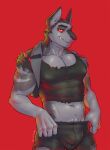  absurd_res anthro bulge canid canine helluva_boss hi_res kiwi_hugh male mammal midriff red_background red_eyes simple_background solo vortex_(vivzmind) 