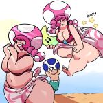  beach beach_clothes clothing duo female hi_res humanoid jumping male mario_bros nintendo not_furry overweight overweight_female pigtails power_moon seaside superspoe swimming_trunks swimwear toad_(mario) toadette video_games 