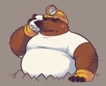  2021 animal_crossing anthro armor belly bodily_fluids brown_body clothing eulipotyphlan eyes_closed greenendorf hard_hat headgear helmet humanoid_hands male mammal mole_(animal) mr._resetti musclegut nintendo overweight overweight_male shirt solo sweat topwear video_games 