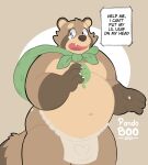  2021 anthro asian_clothing belly bodily_fluids brown_body brown_fur canid canine clothing cute_fangs east_asian_clothing english_text fundoshi fur hi_res japanese_clothing leaf male mammal navel overweight overweight_male pandoboo raccoon_dog solo tanuki tears text underwear 