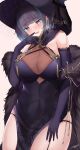  1girl azur_lane bare_shoulders black_headwear blue_eyes blue_hair blush breasts capelet cheshire_(azur_lane) cheshire_(cait_sith_crooner)_(azur_lane) china_dress chinese_clothes cleavage dress eyebrows_visible_through_hair fur-trimmed_capelet fur_trim gloves heart heart-shaped_pupils highres large_breasts long_hair megumi_kei official_alternate_costume panties purple_dress purple_gloves see-through sleeveless sleeveless_dress solo string_panties symbol-shaped_pupils thighs underwear 