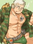  1boy :q abs bandaid bandaid_on_face bandaid_on_nose bara bare_pecs blush briefs bulge camouflage camouflage_shirt dog_tags green_male_underwear highres large_pectorals male_focus male_underwear muscular muscular_male navel navel_hair nipples open_clothes open_shirt panther_boy panther_ears panther_tail shirt short_hair sketch solo stomach suv thick_eyebrows thighs tokyo_houkago_summoners tongue tongue_out underwear white_hair 