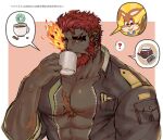  1boy ? abs bara bare_pecs beard black_jacket cup dark_skin facial_hair flaming_eye hephaestus_(tokyo_houkago_summoners) holding holding_cup jacket large_pectorals looking_at_viewer male_cleavage male_focus muscular muscular_male nipples open_clothes open_jacket red_eyes scar scar_on_chest short_hair solo spoken_question_mark stomach thick_eyebrows tokyo_houkago_summoners tora_d undercut upper_body very_dark_skin 