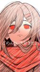  1girl :| additional_memory_(vocaloid) brown_hair closed_mouth empty_eyes expressionless foreground_text hair_between_eyes hair_ornament hairclip highres kagerou_project lyrics meganeee31 no_pupils portrait red_eyes red_scarf scarf solo tateyama_ayano translation_request 
