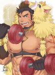  1boy abs animal_hood bara bare_pecs between_pecs blue_eyes brown_hair chest_harness collar facial_hair fang forked_eyebrows goatee gradient_hair gullinbursti_(tokyo_houkago_summoners) harness hood large_pectorals looking_at_viewer male_focus multicolored_hair muscular muscular_male nipples pectorals revealing_clothes rnsk_akatsuki short_hair sideburns smile solo spiked_hair stomach sweat tokyo_houkago_summoners upper_body weightlifting 