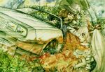  back_to_the_future black_hat bowler_hat brown_eyes brown_hair car delorean fujiwara_no_mokou grass hair_ribbon hat hat_ribbon license_plate long_hair looking_at_viewer master_(4th) motor_vehicle ofuda pants ponytail red_eyes red_pants ribbon science_fiction touhou usami_sumireko very_long_hair 