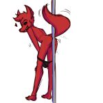  1:1 anthro balls black_sclera butt canid canine canis clothing damian_(zoophobia) dancing demon domestic_dog genitals hi_res looking_at_viewer male mammal nude pole pole_dancing presenting presenting_hindquarters simple_background smile smirk solarjay solo stripper stripper_pole text undressing zoophobia 