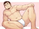  1boy ass bara belly black_hair blush bulge facial_hair feet_out_of_frame knee_up loincloth male_focus muscular muscular_male navel navel_hair nipples original pectorals plump short_hair sideburns sitting smile smirk solo stomach stubble suv thick_thighs thighs underwear underwear_only white_male_underwear 