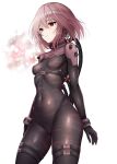  1girl 621_(armored_core_6) absurdres armored_core armored_core_6 ayre_(armored_core_6) bandages bodysuit breasts commentary_request covered_nipples cowboy_shot expressionless highres ment personification pilot_suit pink_hair red_eyes short_hair simple_background skin_tight small_breasts solo white_background 