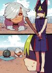 2boys beach black_choker black_hair black_shirt black_shorts blindfold choker closed_mouth cyno_(genshin_impact) food fruit genshin_impact green_hair highres holding holding_stick long_hair long_sleeves male_focus multicolored_hair multiple_boys nploser ocean red_eyes shirt shorts single_sleeve smile stick streaked_hair suikawari sweat through_ground tighnari_(genshin_impact) watermelon white_hair 