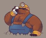  2021 animal_crossing anthro armor belly bodily_fluids brown_body clothing eulipotyphlan eyes_closed greenendorf hard_hat headgear helmet humanoid_hands male mammal mole_(animal) mr._resetti musclegut nintendo overalls overweight overweight_male solo sweat video_games 
