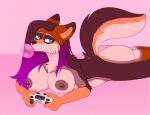  anthro blue_eyes breasts bubble_gum butt canid canine canis domestic_dog female fur gaming german_shepherd herding_dog hi_res looking_at_viewer mammal multicolored_body multicolored_fur nipples nitrus pastoral_dog pinup playing_videogame pose simple_background solo 
