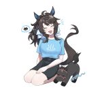 1girl ahoge alternate_costume animal_ears babie black_hair blush breasts casual closed_eyes commentary_request contrail_(racehorse) daring_tact_(umamusume) hair_ornament highres horse horse_ears horse_girl medium_breasts medium_hair seiza sitting solo stretching thinking umamusume white_background 