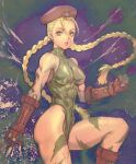  1girl bare_shoulders braid cammy_white clenched_hand covered_abs covered_nipples fingerless_gloves fingernails fujii_eishun gloves green_eyes green_leotard hair_between_eyes hat highres leotard muscular muscular_female parted_lips pink_lips red_gloves red_headwear solo street_fighter turtleneck twintails 