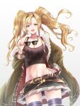  1girl blonde_hair blue_eyes blush breasts cleavage eyewear_on_head glasses granblue_fantasy hairband highres jacket jacket_on_shoulders large_breasts long_hair looking_at_viewer mucc7163 navel open_mouth skirt smile solo sunglasses thighhighs twintails zeta_(granblue_fantasy) 