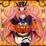  1girl ascot bangs black_headwear breasts cropped_legs crossed_legs eyebrows_visible_through_hair facial_tattoo fang green_eyes gundam halloween happy_halloween haro hat highres ill_(0022) jack-o&#039;-lantern large_breasts long_hair looking_at_viewer mini_hat original personification pointing pointing_at_viewer smirk solo tattoo thick_thighs thighhighs thighs twintails v-shaped_eyebrows very_long_hair white_neckwear 