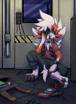  after_transformation anthro backpack belt biped blue_eyes bottomwear canid canine cheek_tuft chest_tuft claw_marks clock clothed clothing digitigrade facial_tuft floppy_ears fully_clothed fur grey_bottomwear grey_clothing grey_pants hand_on_face hi_res looking_at_viewer lop_ears lycanroc male mammal midnight_lycanroc nintendo pants pawpads pink_pawpads pok&eacute;dex pok&eacute;mon pok&eacute;mon_(species) red_body red_clothing red_fur red_shirt red_topwear shaded shadow shirt short_tail sitting solo topwear torn_clothing torn_shirt torn_topwear toshabi tuft video_games watch white_body white_fur wide_eyed wristwatch 