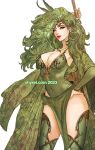  1girl arm_behind_head arm_up big_hair breasts circlet cleavage commentary earrings english_commentary final_fantasy final_fantasy_iv floral_print green_arm_warmers green_eyes green_hair green_leotard green_thighhighs hair_ornament hand_on_own_hip holding holding_staff jewelry large_breasts leotard lipstick long_hair makeup parted_lips pelvic_curtain print_cape red_lips rydia_(ff4) solo staff star_(symbol) star_earrings star_hair_ornament thighhighs vhyrel 