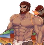  2boys abs bara bare_pecs beard dark_skin dark_skinned_male facial_hair fishnet_legwear fishnets flaming_eye hephaestus_(tokyo_houkago_summoners) large_pectorals looking_at_viewer male_focus male_swimwear multiple_boys muscular muscular_male nipples official_alternate_costume peeking_out red_eyes short_hair stomach swim_briefs swimwear talos_(tokyo_houkago_summoners) thick_eyebrows tokyo_houkago_summoners tora_d umbrella undercut upper_body very_dark_skin white_male_swimwear 