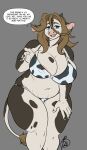  absurd_res amara_burrger animal_print anthro areola big_breasts bovid bovine breasts cattle cleavage clothed clothing cow_print dialogue female hi_res mammal slightly_chubby solo teasing thick_thighs 