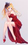  1girl blonde_hair blue_eyes blush breasts cleavage dress formal full_body granblue_fantasy hair_intakes hair_ornament hairband high_heels highres ironashi_(user_wtpe4387) long_hair looking_at_viewer red_dress solo twintails zeta_(granblue_fantasy) 