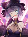  1girl azur_lane bangs bare_shoulders breasts capelet cheshire_(azur_lane) cheshire_(cait_sith_crooner)_(azur_lane) cleavage dress elbow_gloves eyebrows_visible_through_hair fur-trimmed_capelet fur_trim gloves green_eyes hand_on_own_face hat head_tilt highres kanaya604 large_breasts looking_at_viewer one_eye_closed open_mouth pointing pointing_at_self purple_dress purple_gloves purple_hair purple_headwear see-through short_hair sideboob sleeveless sleeveless_dress smile solo upper_body 