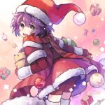  1girl bernadetta_von_varley bike_shorts commentary_request eyebrows_visible_through_hair fire_emblem fire_emblem:_three_houses gift grey_eyes hat looking_back open_mouth pom_pom_(clothes) purple_hair red_scarf santa_costume santa_dress santa_hat scarf shorts shorts_under_skirt solo spool stuffed_animal stuffed_hedgehog stuffed_toy tefutene twitter_username 