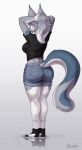  2021 absurd_res anthro blue_body blue_fur bottomwear breasts bubble_butt butt clothed clothing domestic_cat ear_tuft felid feline felis female footwear fully_clothed fur grey_body grey_fur grey_hair hair hi_res kelly_(ruribec) mammal midriff multicolored_body multicolored_fur rear_view ruribec shirt shoes shorts signature simple_background solo somali_cat spots spotted_body spotted_fur standing topwear tuft white_background white_body white_fur 