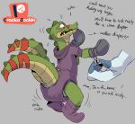2019 2_tails 3_fingers ageplay anthro bdsm biped blue_claws blush bodily_fluids booties claws clothed clothing crackajackin crocodile crocodilian crocodylid crying dandy_(legendz) dialogue diaper diaper_under_clothing digital_media_(artwork) dragon duo embarrassed english_text fingers footwear green_body green_skin grey_background handwear hi_res humiliation infantilism legendz lock markings mittens multi_tail mythological_creature mythological_scalie mythology onesie padlock patreon patreon_logo punishment purple_booties purple_clothing purple_footwear purple_onesie raised_tail red_body reptile roleplay scalie sharp_teeth shiron simple_background size_difference soiled soiled_diaper solo_focus striped_markings striped_tail stripes tail tail_markings tears teeth text unclean_diaper used_diaper wearing_diaper