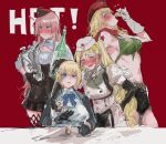  4girls a-91_(girls_frontine) ak47_(girls_frontline) alcohol arm_around_shoulder black_gloves black_shorts blonde_hair blue_eyes blue_neckwear blush bottle bow bowtie breasts cleavage closed_mouth drinking garrison_cap girls_frontline gloves hair_ornament hat highres holding holding_bottle long_hair multiple_girls nose_blush orange_eyes osakana_(denpa_yun&#039;yun) pink_hair red_background red_headwear russian_text short_hair shorts simonov_(girls_frontline) simple_background smile snowflake_hair_ornament thighhighs vsk-94_(girls_frontline) white_gloves white_headwear 