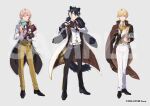  3boys animal_ears ascot beige_pants black_hair blue_eyes brown_pants cape finger_heart formal gift grey_background hand_on_own_chest holding holding_gift holostars jackal_boy jackal_ears jackal_tail kageyama_shien kishido_temma male_focus multicolored_hair multiple_boys official_art pants rikka_(holostars) sample standing suit tied_hair vest virtual_youtuber watermark white_hair white_pants xia_(ryugo) yellow_neckwear 