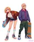  1boy 1girl alternate_costume american_flag android_18 bald blonde_hair blue_eyes blue_skirt breasts bubble_blowing commentary dragon_ball dragon_ball_(object) earrings green_pants hand_in_pocket holding holding_skateboard hongcasso hood hood_down hoodie jacket jewelry kuririn large_breasts long_hair looking_at_viewer louis_vuitton_(brand) nike open_clothes open_jacket pants pink_hoodie purple_jacket red_jacket shirt shoes short_hair simple_background skateboard skirt sneakers star_(symbol) supreme white_background white_shirt 