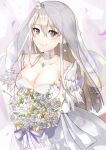  1girl absurdres azur_lane bald_eagle bird blush bouquet breasts bridal_veil cleavage collarbone commentary_request crown dress eagle enterprise_(azur_lane) enterprise_(starlight_oath)_(azur_lane) flower highres holding holding_bouquet jewelry large_breasts long_dress long_hair looking_at_viewer mini_crown necklace official_alternate_costume purple_eyes rose sakuramochi_(kasute_ra) smile solo veil wedding_dress white_dress white_flower white_hair white_rose 