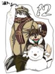  2004 abasirisippo anthro brown_body brown_fur canid canine canis clothing domestic_dog duo fur grey_body grey_fur hat headgear headwear husky japanese_text kemono kouya_(morenatsu) male mammal morenatsu nordic_sled_dog scarf shun_(morenatsu) snowman spitz sweater text topwear video_games visual_novel wolf 