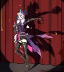  1boy absurdres androgynous black_gloves black_shorts blood blood_splatter blue_hair boots coat diamond_choker different_shadow english_commentary eyeshadow gavis_bettel gavis_bettel_(1st_costume) gigglepox gloves grey_hair hair_between_eyes hat high_heel_boots high_heels highres holostars holostars_english makeup male_focus medium_hair multicolored_coat multicolored_hair music open_mouth pink_eyeshadow pink_hair red_curtains rope scarf shadow shorts singing skull smile solo sparkle spotlight standing striped_coat thigh_boots top_hat vertical-striped_coat virtual_youtuber white_scarf zettai_ryouiki 
