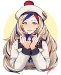  !! 1girl anchor_hair_ornament bangs beret blonde_hair blue_eyes blue_hair commandant_teste_(kancolle) hair_ornament hat jacket kantai_collection long_hair looking_at_viewer multicolored multicolored_clothes multicolored_hair multicolored_scarf pom_pom_(clothes) ponytail red_hair scarf solo streaked_hair su_konbu swept_bangs tongue tongue_out upper_body wavy_hair white_background white_hair 