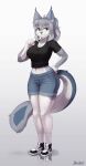  2021 absurd_res anthro bottomwear clothed clothing domestic_cat ear_tuft felid feline felis female full-length_portrait fully_clothed fur grey_body grey_fur grey_hair hair hi_res inner_ear_fluff kelly_(ruribec) looking_at_viewer mammal midriff multicolored_body multicolored_fur pawpads pink_pawpads portrait ruribec shirt shorts simple_background smile solo somali_cat spots spotted_body spotted_fur standing topwear tuft whiskers white_background white_body white_fur yellow_eyes 