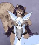 2021 annoyed big_breasts big_tail blokfort breasts canid canine clothing duo felid female fennec fox hair happy hi_res hybrid kalta_(blokfort) lace lingerie mammal naturally_censored nipple_tuft open_mouth pantherine procyonid purple_hair raccoon smile snow_leopard translucent tuft white_hair 