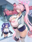  +_+ 2girls :p absurdres aged_up alternate_breast_size ass black_gloves blue_archive blue_eyes blush bra breasts button_gap dual_wielding fingerless_gloves gloves gun halo highres holding huge_breasts jacket knee_pads koyuki_(blue_archive) lace lace_bra light_machine_gun long_hair machine_gun microskirt multiple_girls nasuta5mamma open_clothes open_jacket over_shoulder paid_reward_available pink_bra pink_eyes pink_hair purple_hair see-through shirt single_knee_pad skirt smile submachine_gun thigh_strap thighhighs tongue tongue_out twintails undersized_clothes underwear v very_long_hair weapon weapon_over_shoulder white_shirt white_thighhighs yuuka_(blue_archive) 