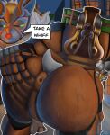 absurd_res antlers anus bell bell_collar big_butt bodily_fluids brown_body butt butt_focus collar destruction21 dialogue female fog fur green_eyes hi_res horn multicolored_body presenting presenting_hindquarters puffy_anus red_nose reindeer_orisa_(overwatch) solo speech_bubble spread_butt spreading sweat tail taur white_body white_fur