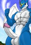  2016 balls circumcised digimon digimon_(species) erection exveemon genitals hi_res humanoid humanoid_genitalia humanoid_penis iudicium86 male membrane_(anatomy) membranous_wings outside penis red_eyes solo vein veiny_penis white_balls wings 