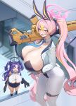  +_+ 2girls absurdres aged_up alternate_breast_size animal_ears ass black_leotard blue_archive blue_eyes blue_necktie blush breasts cleavage detached_collar dual_wielding fake_animal_ears fang gloves gun halo highres holding huge_breasts jacket koyuki_(blue_archive) leotard light_machine_gun long_hair machine_gun multiple_girls nasuta5mamma necktie open_clothes open_jacket over_shoulder paid_reward_available pantyhose pink_eyes pink_hair playboy_bunny purple_hair rabbit_ears submachine_gun thigh_strap twintails v very_long_hair weapon weapon_over_shoulder white_gloves white_pantyhose yuuka_(blue_archive) 