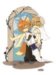  2boys :3 animal_ears arch armlet axe barefoot blonde_hair blue_eyes bow bowtie bridal_veil carrying carrying_person chinese_commentary commentary_request couple crossdressing deformed dream_(youtuber) dress fengtangjiangxiaotianshi flower fox_boy fox_ears fox_tail full_body fundy_(youtuber) green_eyes hair_between_eyes highres holding holding_axe humanization jewelry jitome male_focus mask mask_on_head minecraft_axe minecraft_youtube multiple_boys open_mouth orange_hair plant princess_carry red_flower red_rose rose short_hair simple_background smiley_face standing suit tail unworn_mask veil vines wedding wedding_dress white_background white_dress yaoi 