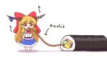  1girl blush_stickers bow chibi commentary_request eating food full_body hair_bow highres horn_ornament horn_ribbon horns ibuki_suika long_hair oni_horns orange_hair purple_ribbon red_bow red_eyes ribbon shitacemayo simple_background slurping solo standing sushi touhou white_background wrist_cuffs 