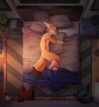  anthro artemis-shadows_(artemis) bed canid canine depression fennec fox furniture hi_res high-angle_view hugging_pillow ipod lunalei male mammal sad solo 